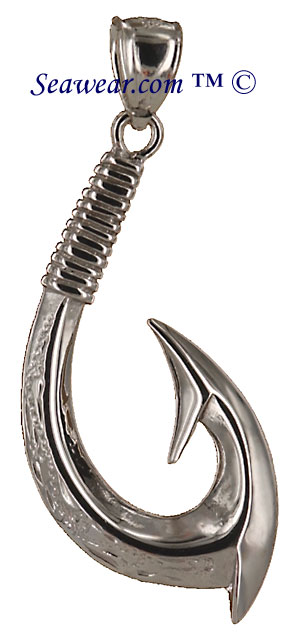 14kt white gold Maori tribal fish hook necklace pendant MAORI3DWG 33500