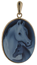 14kt framed blue and white agate horse mare and foal cameo