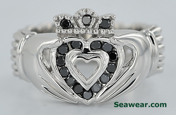 white gold Celtic Claddagh ring with black diamonds