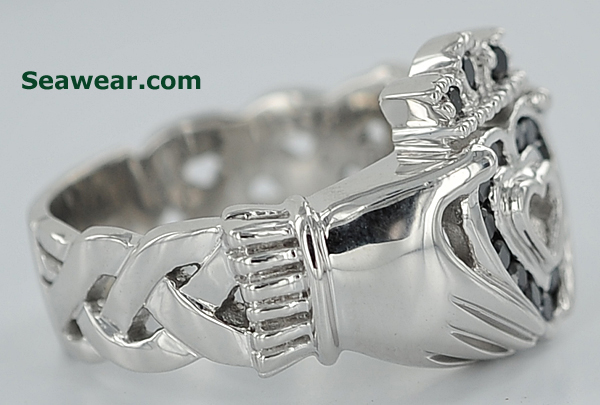 white gold Claddagh ring with black diamonds