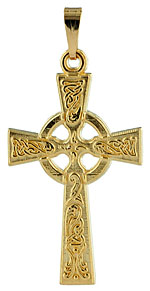 14kt child Celtic Cross with raised pattern of celtic knots