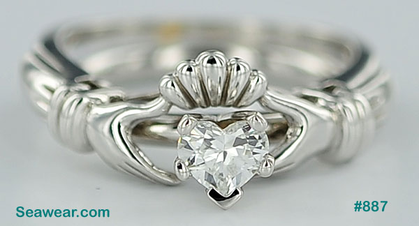 14kt white gold SI/D Claddagh heart diamond engagement ring