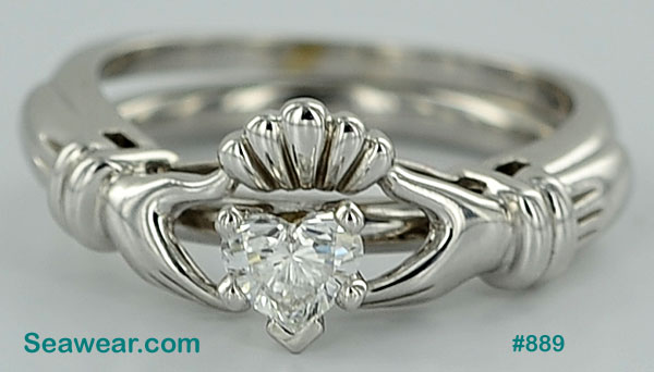 white gold Claddagh diamond engagement ring and Claddagh enhancer wedding band