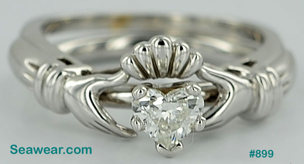 white gold Claddagh engagement ring and enhancer wedding band