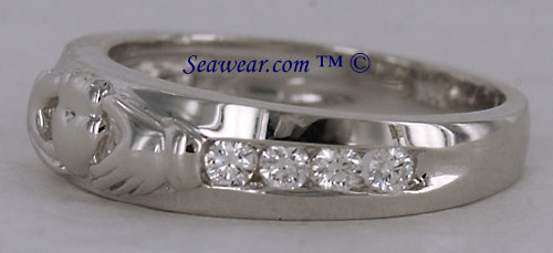 14kt white gold Claddagh wedding band with SI diamonds