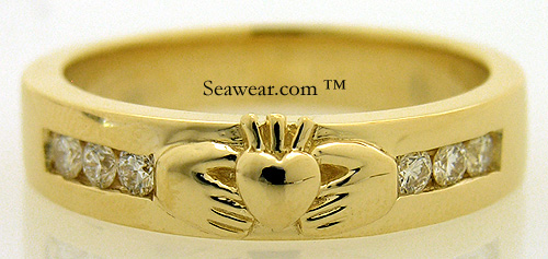 gold gents Claddagh wedding band with round diamonds