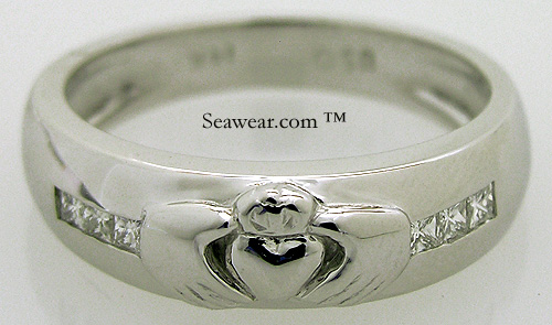 thick heavy mens Claddagh wedding band Three princess cut diamonds of 2x2mm