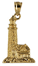 14kt gold highly detailed lighthouse and keepers house on the rocks