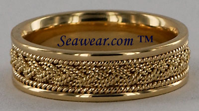 14kt gold 7mm Turks Head braid band with two strands and two twisted wire borders