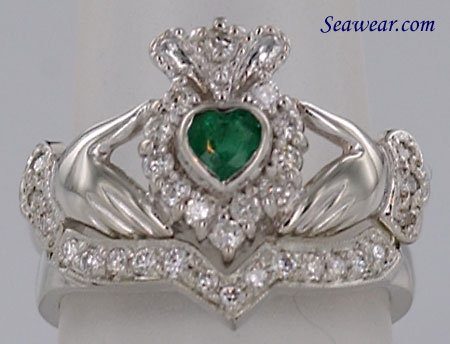 Claddagh Wedding Ring Sets on White Gold Emerald Claddagh Wedding Set