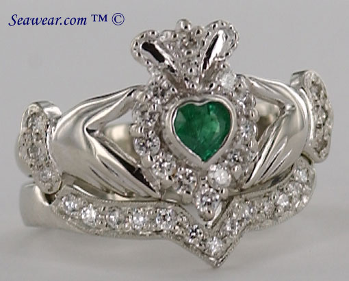 white gold diamond Claddagh wedding set