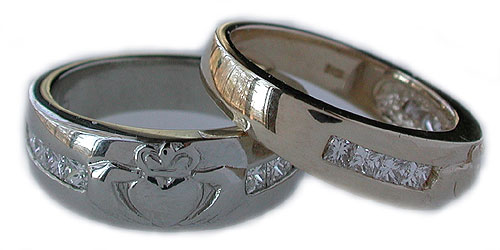 Irish princess cut Claddagh eternity bands