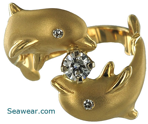 two dolphin diamond ring with VVS center diamond and diamond eyes