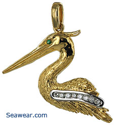 14kt hand made heron necklace jewelry pendant with emerald eye and .24cts diamonds