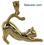 14kt stretching cat with textured socks and tail jewelry pendant