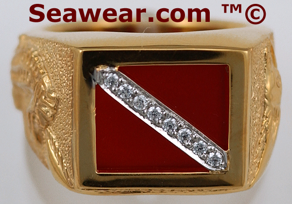 diver down flag with carnelian stone and diamonds set in white gold