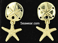 14k polished sand dollar and starfish post earrings