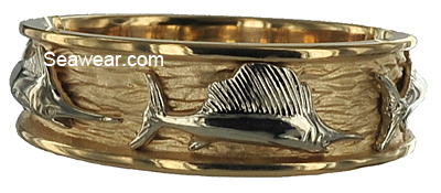 platinum sailfish on 18kt gold triple fish wedding band
