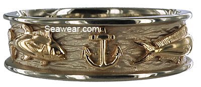yellow gold anchor on white gold triple fish wedding band