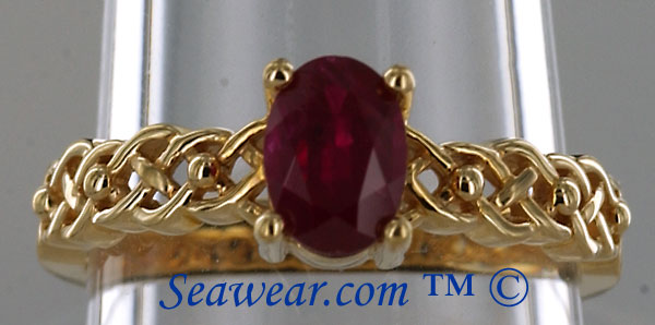 14kt gold Celtic Knot ring with 5x7 ruby