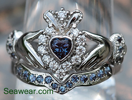 diamond alexandrite Claddagh ring set