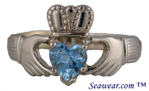 14kt white gold Claddagh ring with aquarmarine heart shaped stone