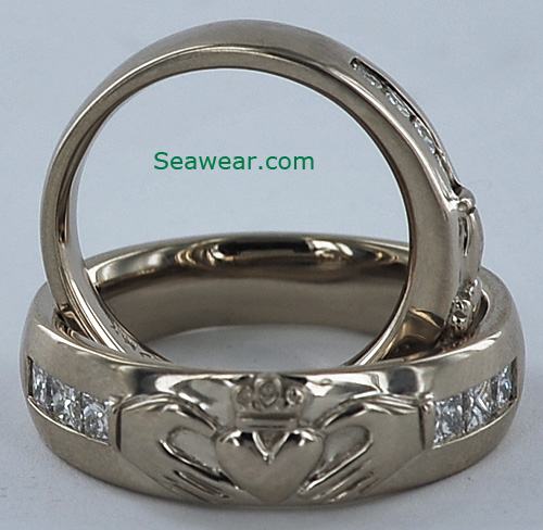 palladium white gold diamond Claddagh wedding bands