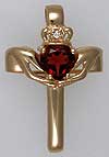 Claddagh cross with diamond and garnet heart