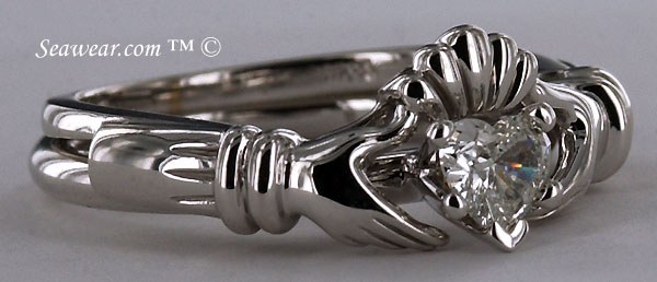 14kt white gold Claddagh wedding set with heart diamond solitaire