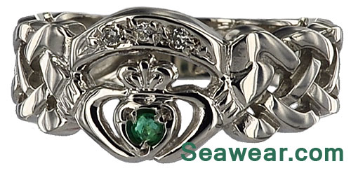white gold diamond emerald claddagh ring
