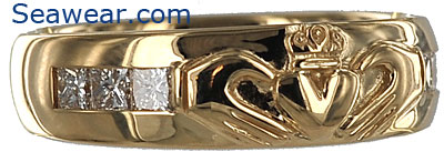 gold Claddagh wedding band with princess cut diamonds