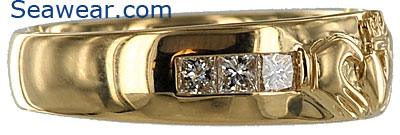 princess cut diamonds in gold Claddagh wedding band