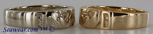 side view white and yellow gold Claddagh diamond band for ladies
