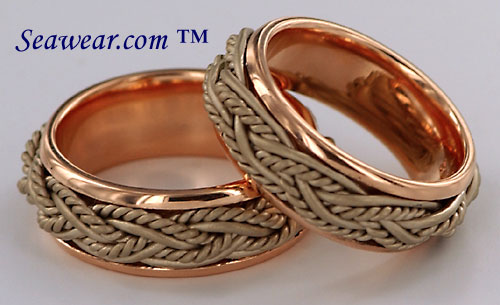 polished rose gold and satin white gold rings
