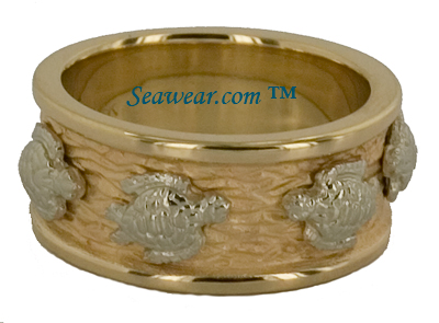 wide wedding ring with four sea turtles