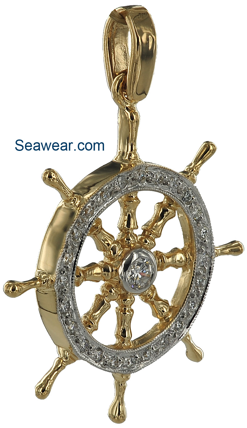 14kt Yellow Gold 1pt Diamond Ship Wheel Pendant 