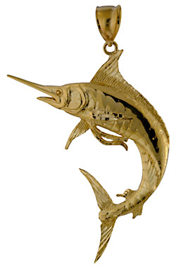 14kt large gold blue marlin necklace pendant