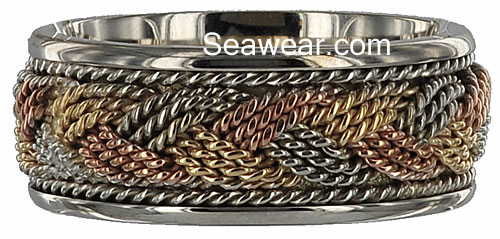 tri gold and white gold Turks Head wedding ring
