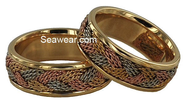 tri-color gold hand woven braid turks head wedding bands