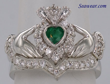 white gold emerald Claddagh wedding set