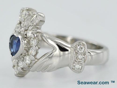 white gold diamond sapphire Claddagh ring